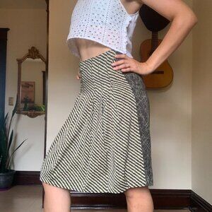 Abstract Print Pleated Midi Skirt in Black Silk